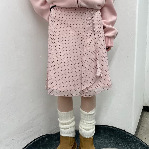 핑크 도트 버튼 시어 스커트