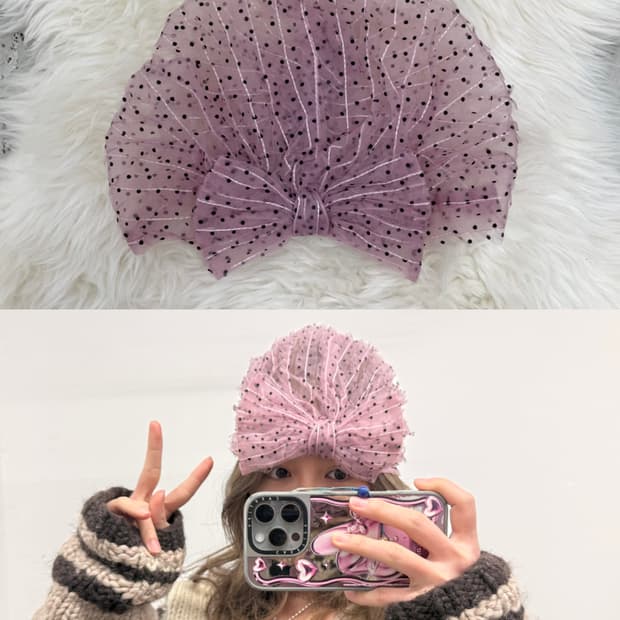 히메 핑크 리본 땡땡이 비니💕