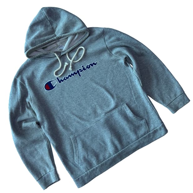 챔피언(Champion) 에코 어센틱 스크립트 로고 그레이 후드티