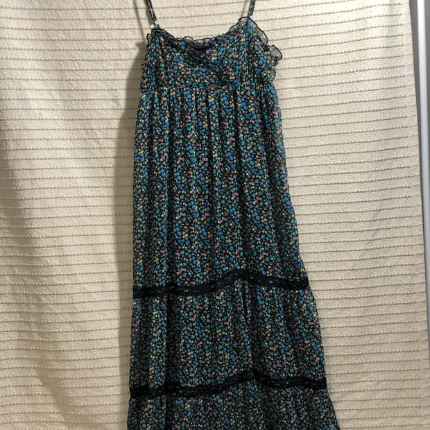 일본 빈티지 블루 플라워 패턴 플로럴 쉬폰 모리걸 롱 원피스