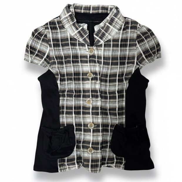 빈티지 체크 시스루 반팔 블라우스