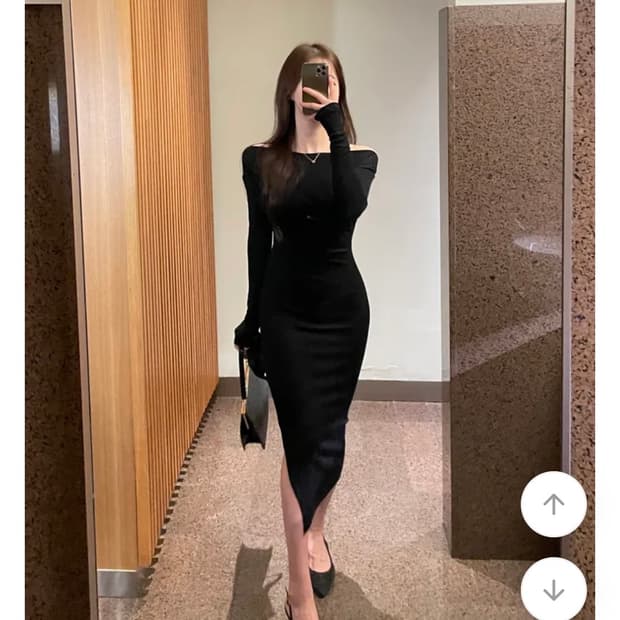 수앤핏 긴팔 트임 언발 오프숄더 슬림 원피스