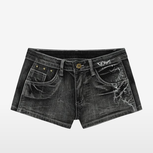 TATTOOED GRAPHIC DENIM SHORTS_GREY