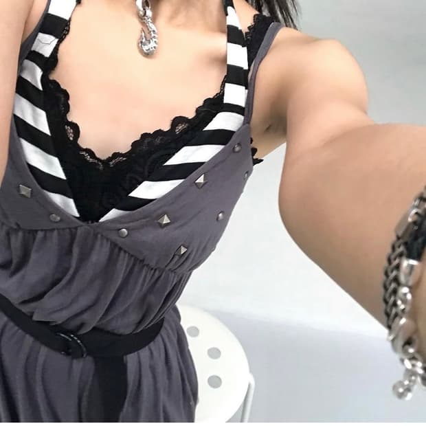 고딕 갸루 펑크 y2k 스터드 스트라이프 롱 원피스 공겜여주