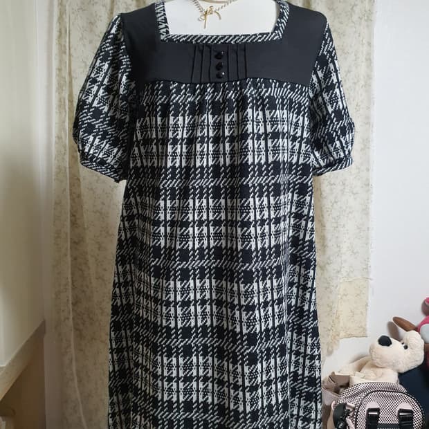 [모리걸] 너드모리 깅엄 체크 블랙 원피스 퍼프 반팔 LL