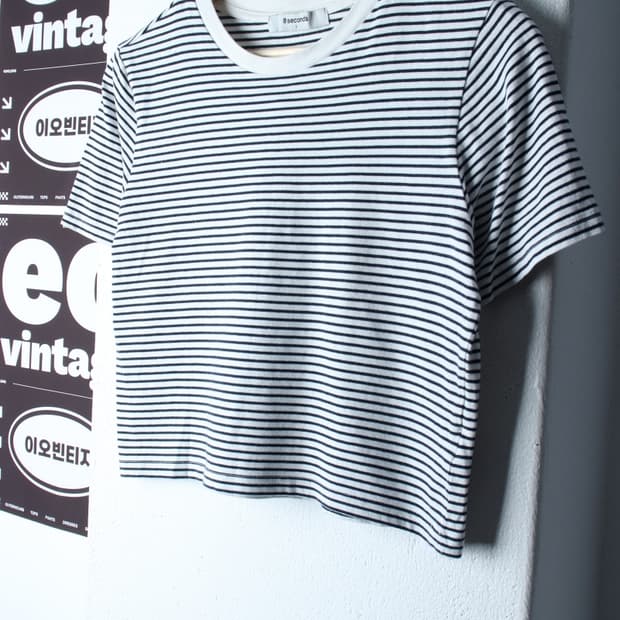 W(L-XL) 에잇세컨즈 반팔 티셔츠 스트라이프 화이트 크롭-H32741