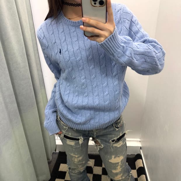 폴로 스카이블루 케이블 니트