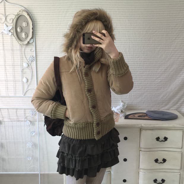 빈티지 카멜 퍼 후드 코듀로이 패딩 점퍼