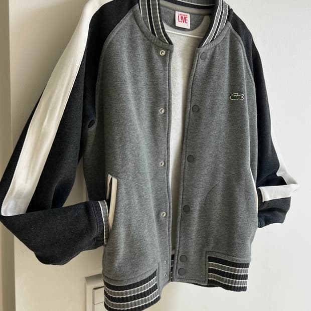 라코스테 라이브 피그먼트 네이비 그레이 배색 코튼 스웻 바시티 자켓