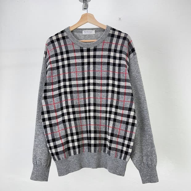버버리 그레이 노바체크 램스울 라운드 니트 스웨터