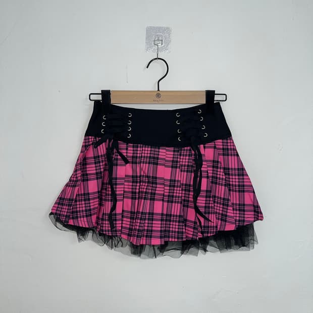 펑크 타탄체크 레이스업 플리츠 스커트