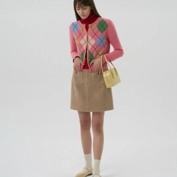 그로브스토어 아가일 가디건 핑크