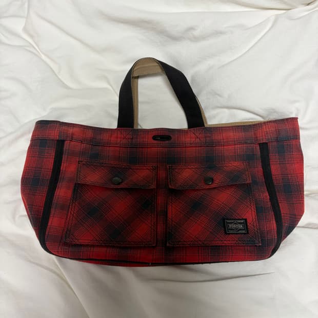 요시다 포터 리버서블 체크 토트백 레드