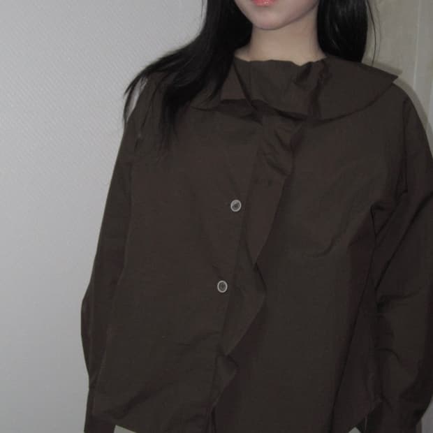 frill brown volume lace blouse top