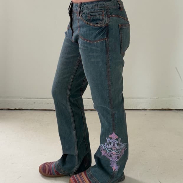 일본빈티지 페어리코어 자수 부츠컷데님