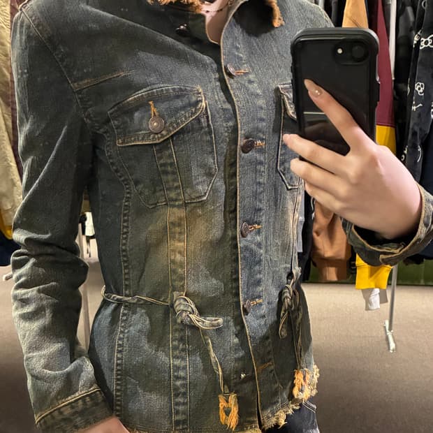 OS)Japanese vintage 여성 프린지 디테일 데님 셔츠