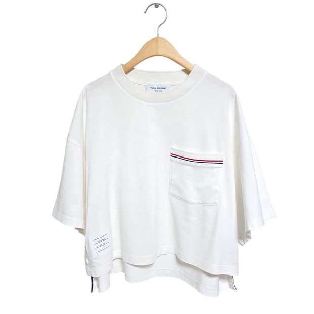 톰브라운 여성 포켓삼선 크롭 반팔 티셔츠