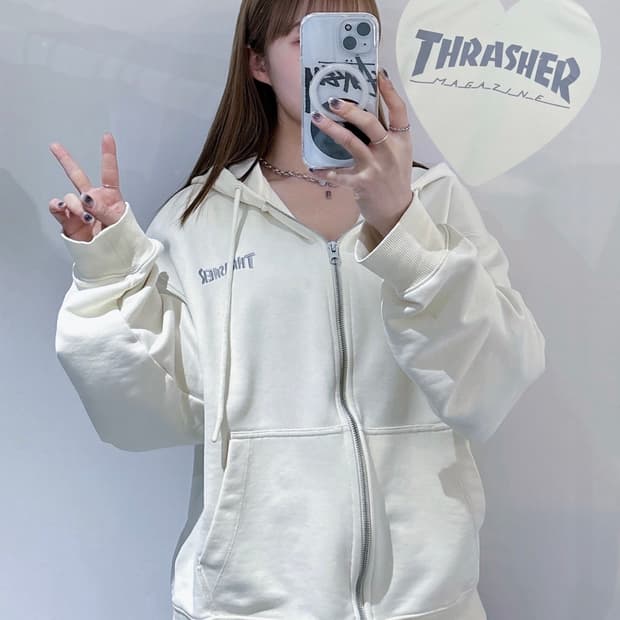 트레셔 빅로고 투웨이 크림 후드집업