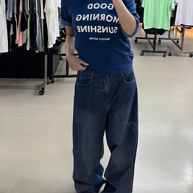 타미 데님 오프숄더 반팔 데님 와이드팬츠 호피 키플링 코디세트