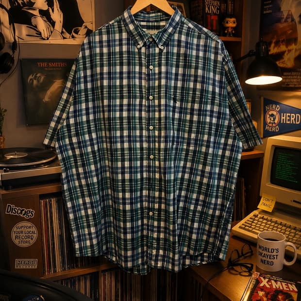 90s~00s 에디바우어 빈티지 빅사이즈 반팔 체크 너드 워크 셔츠 남방