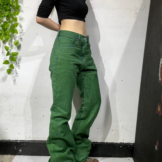 일본 빈티지 워싱 그린 부츠컷 와이드 데님 팬츠 새깅 청바지