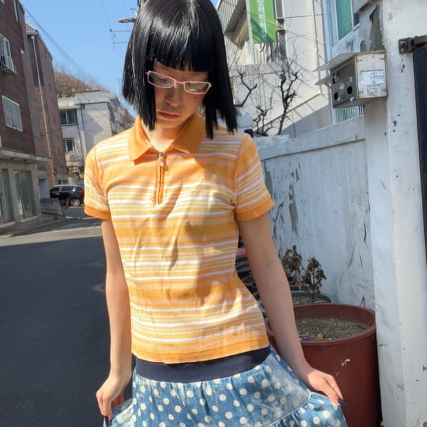 닥스 오렌지 스트라이프 카라 반팔티