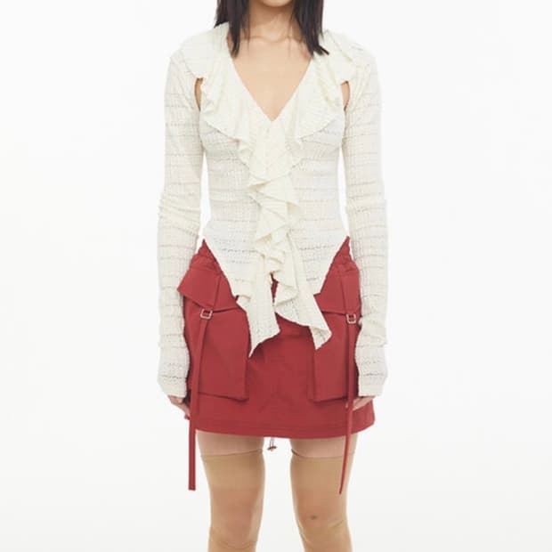 (F)KYO 컷아웃 프릴 져지 레이스 티