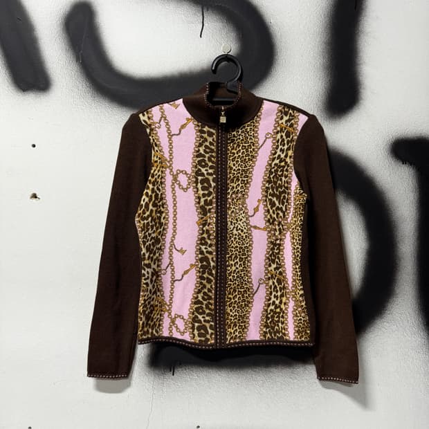 VTG 빈티지 핑크 브라운 레오파드 패턴 크롭 니트 집업