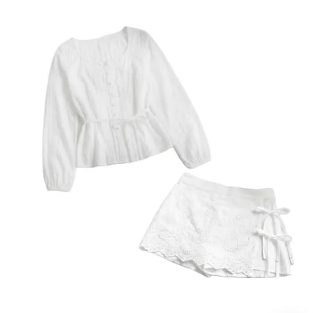 셔링 화이트 보헤미안 블라우스 셋업