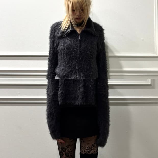 Navy Fur High-Neck 2-way Zip Up