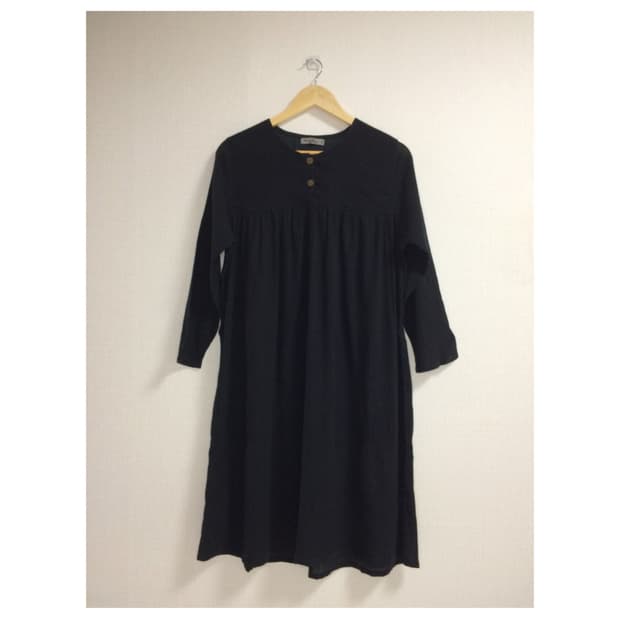 빈티지 블랙 리넨 미디 원피스