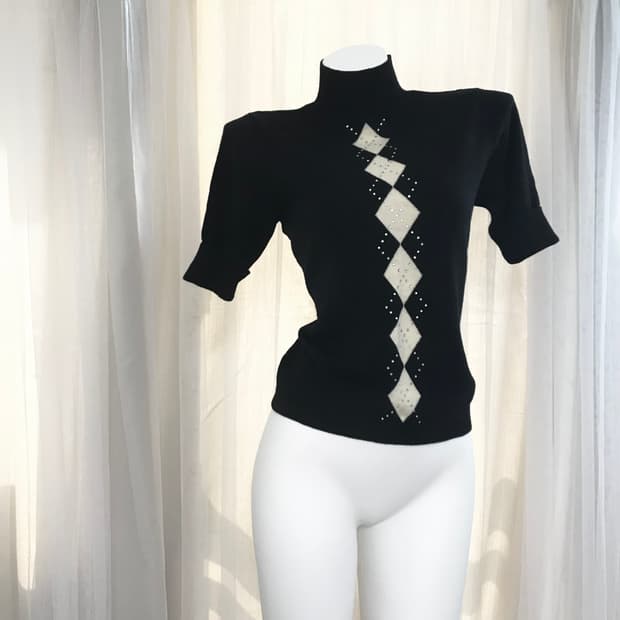 큐빅 아가일 터틀넥 반팔 니트탑 갸루 헤이세이