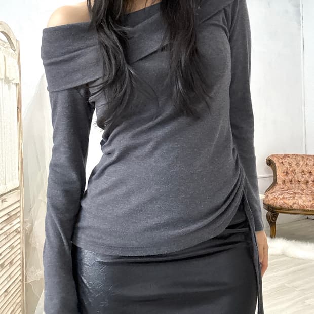 Gray Shirring Off-Shoulder Longsleeve