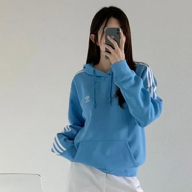 아디다스 클래식 삼선 세미블루 기모 후드티