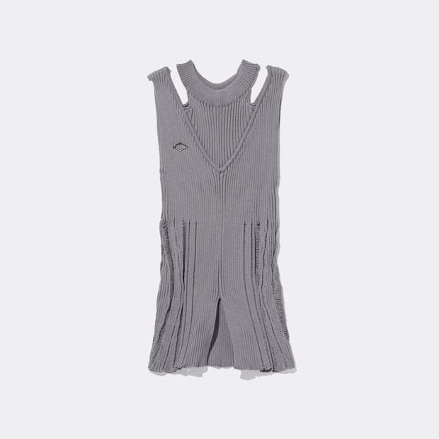 미스치프 레이어드 니트 홀터 슬리브리스 블루그레이