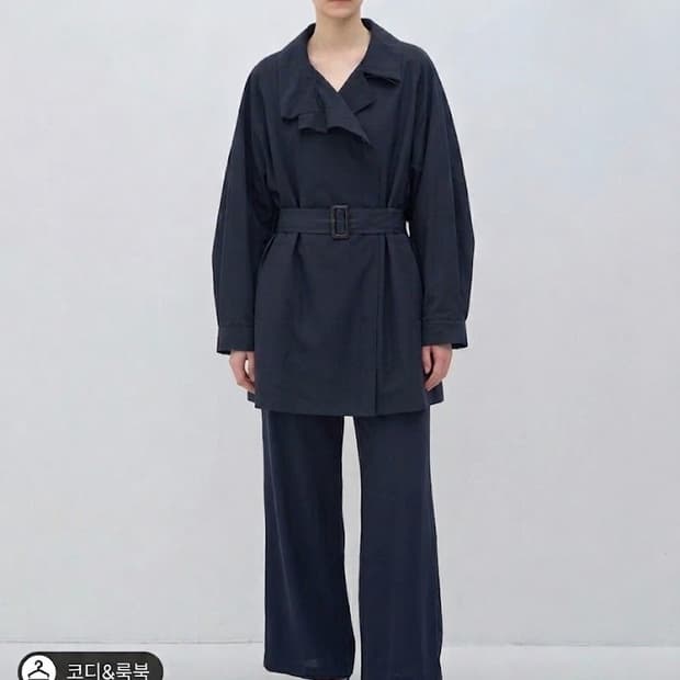 한섬 마인 실크배색 트렌치자켓 44 55 가오리핏 네이비