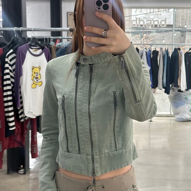 디젤 사선지퍼 도트안감 투웨이 락시크 넥버클자켓