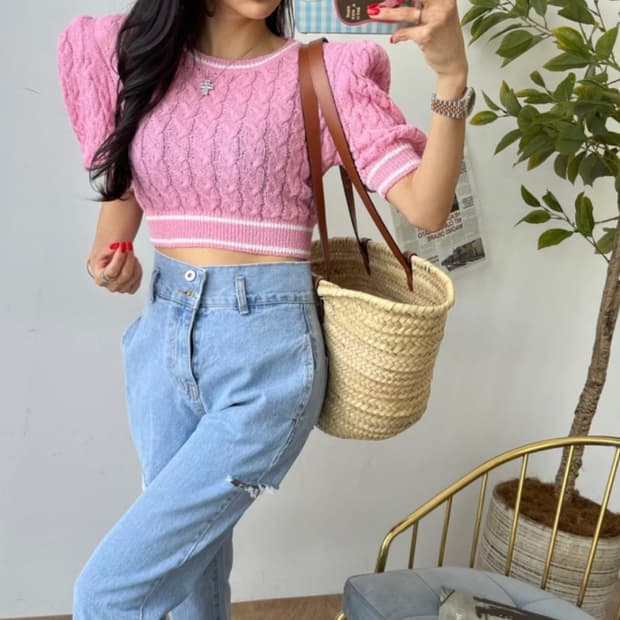 핑크 케이블 크롭 반팔 니트 (F)