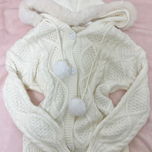 달천깔 히메갸루 폼폼이 후드 니트 가디건 빈티지 