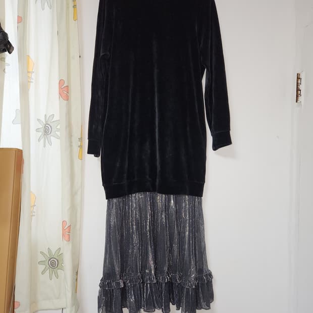 반짝이  쉬폰배색 롱 원피스 F(~77)