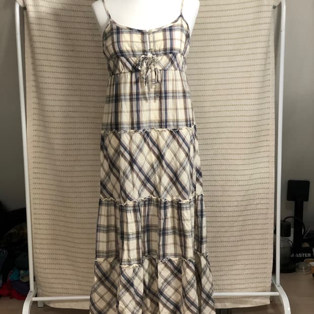 빈티지 화이트 블루 체크 패턴 코튼 미디엄 기장 모리걸 원피스