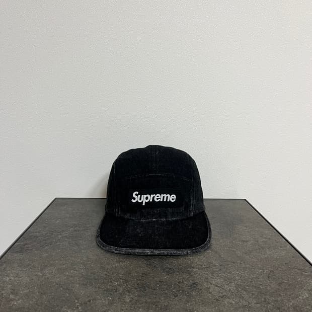 슈프림 워시드 데님 블랙 박스로고 캠프캡 모자