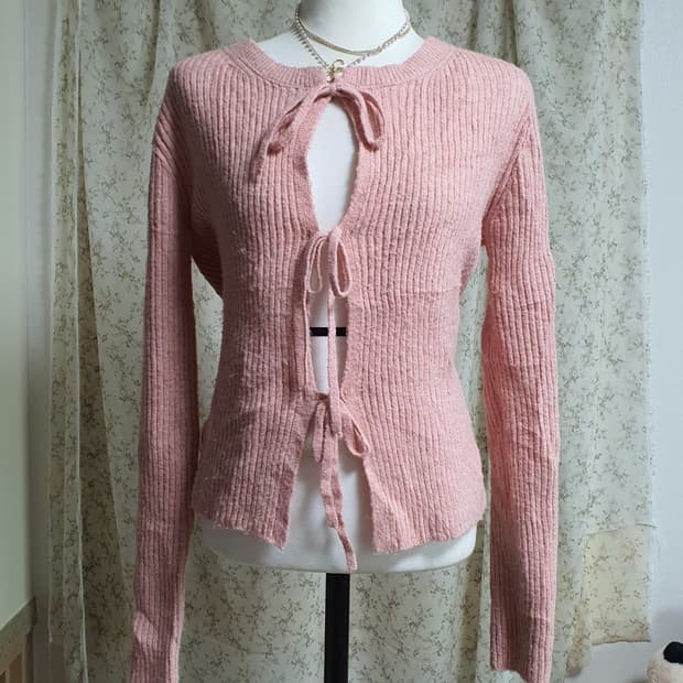 [일본빈티지] 핑크 리본 숏 가디건 니트 발레코어룩