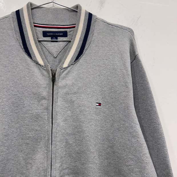 타미힐피거 배색 숄카라 오버핏 니트 집업