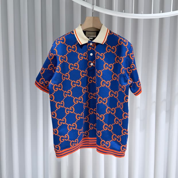 (S/L) / 구찌 GG 자카드 코튼 폴로 반팔 셔츠 블루 오렌지