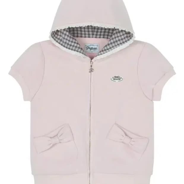 드라이로즈 리본 체크 숏슬리브 후디 핑크