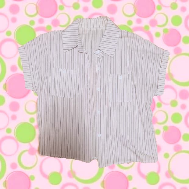 스트라이프 롤업 반팔 셔츠 핑크