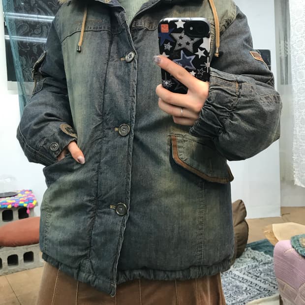 썰스데이아일랜드 오리털 데님 하프패딩 