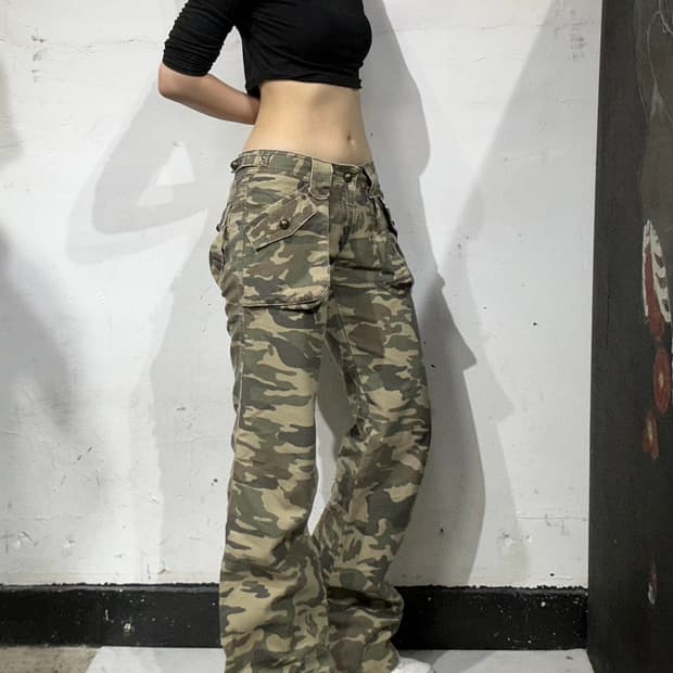 일본 빈티지 베이지 와이드 밀리커리 부츠컷 카고 팬츠 카모 바지