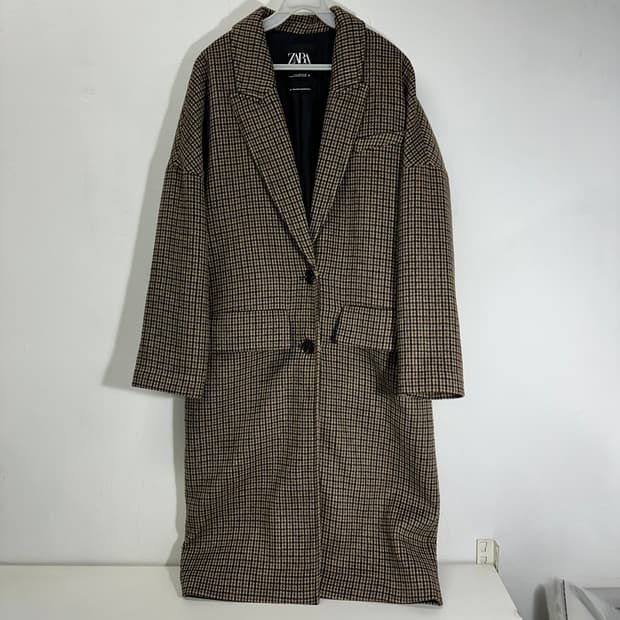 S 95 자라 클래식오버핏 하운드투스체크 울 롱코트